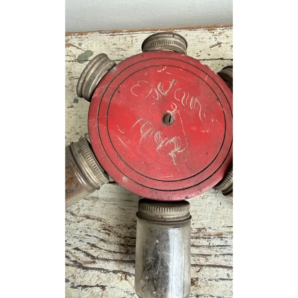 Vintage 1942 Carousel Hardware Organizer Red Wood Glass Jar Storage